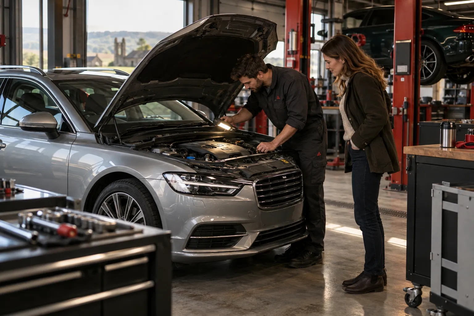 A technician explaining an inspection to a customer