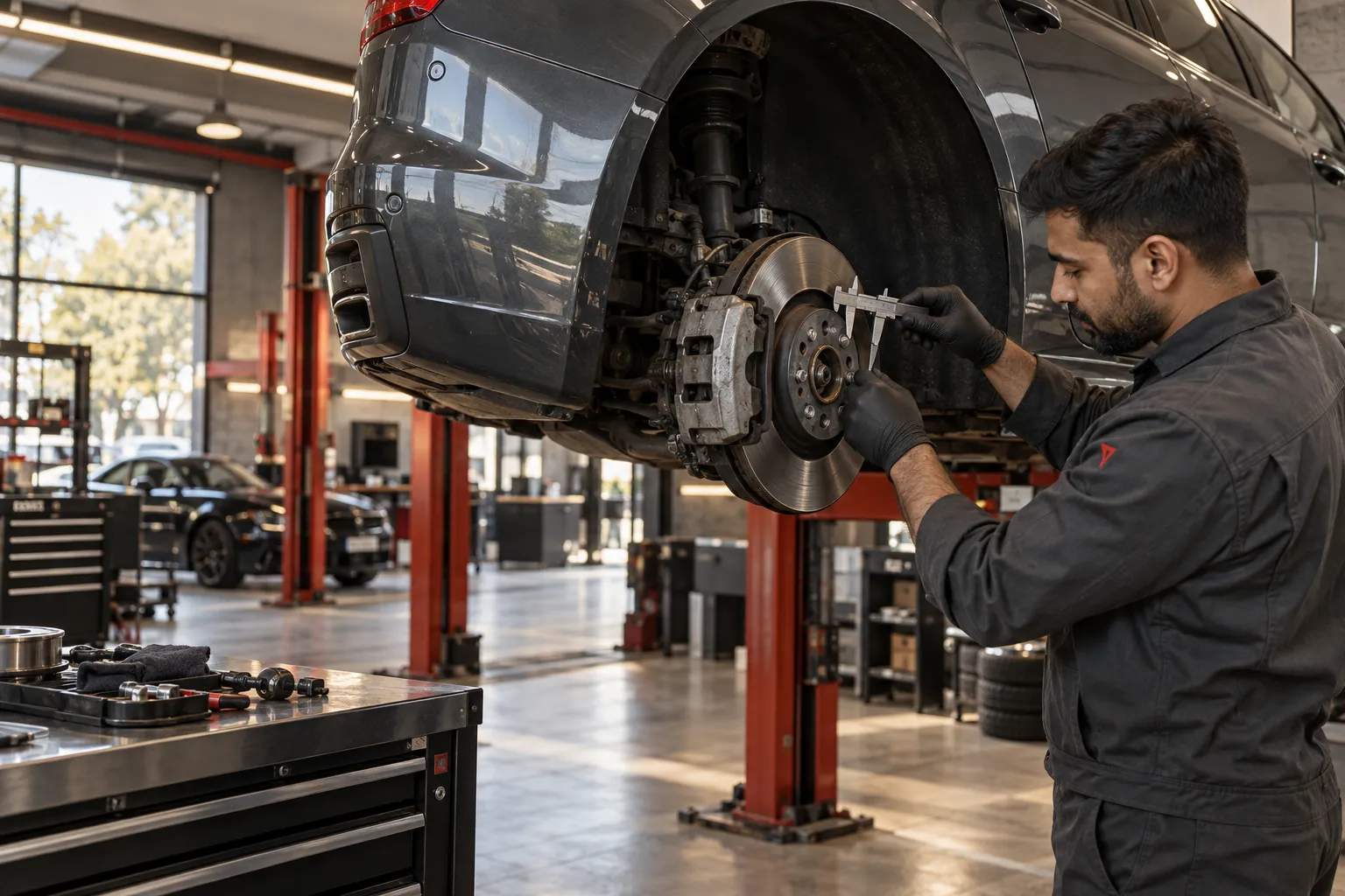 Technician measuring the brake disc of a raised vehicle