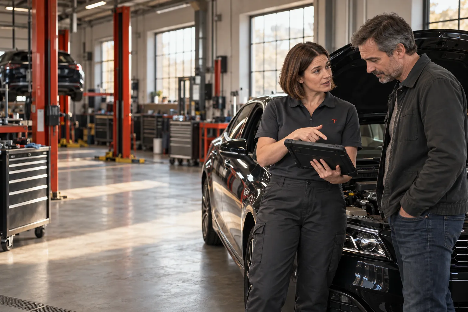 Workshop specialist explaining diagnostic readings beside a car