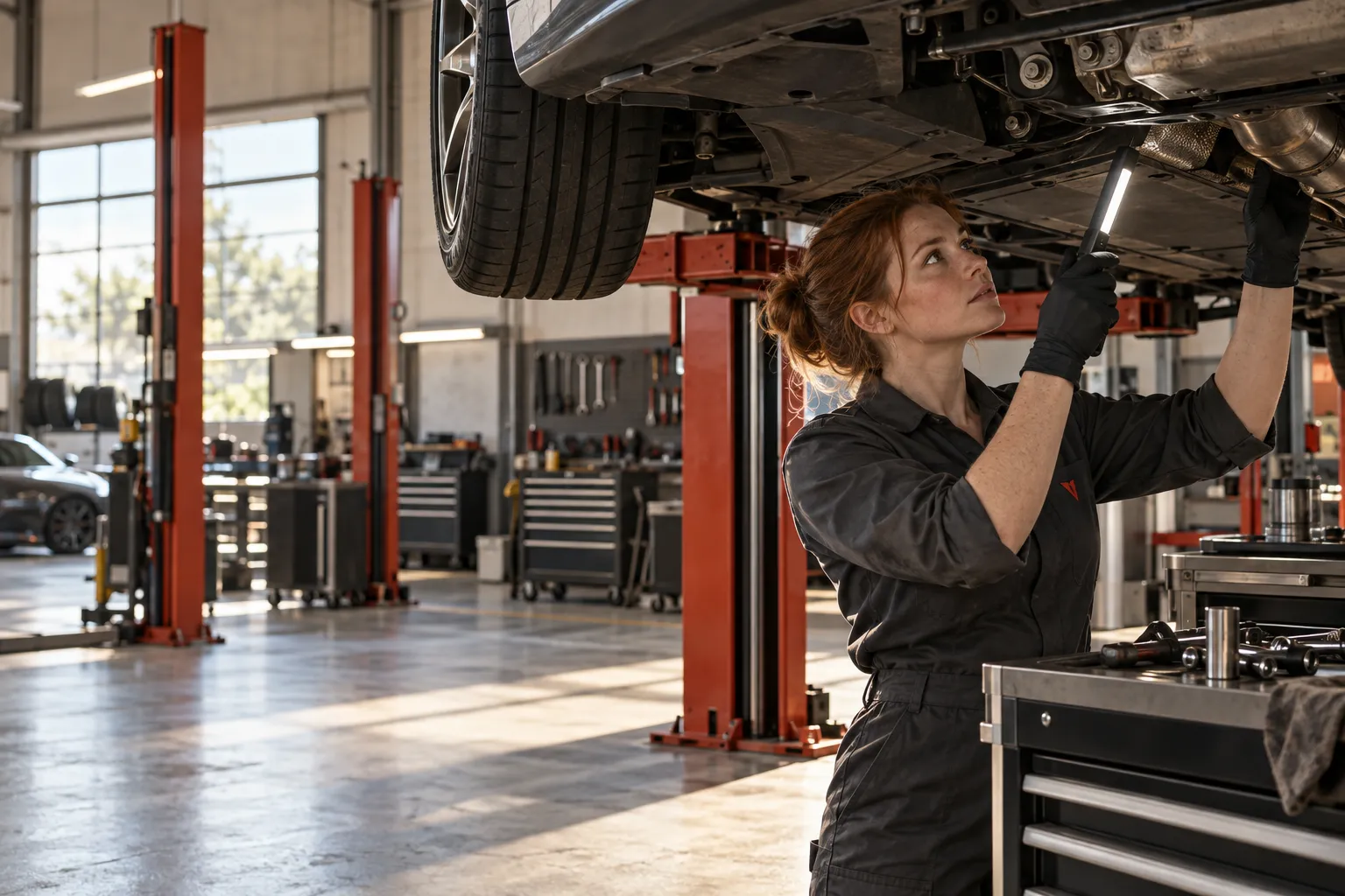 Technician checking the underside of a safely raised car with an inspection light