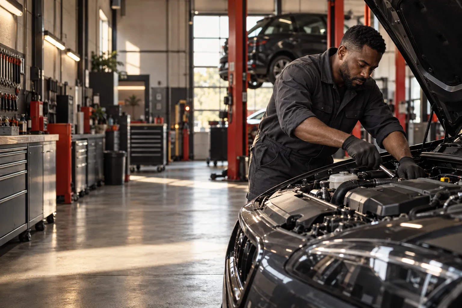Technician checking an engine