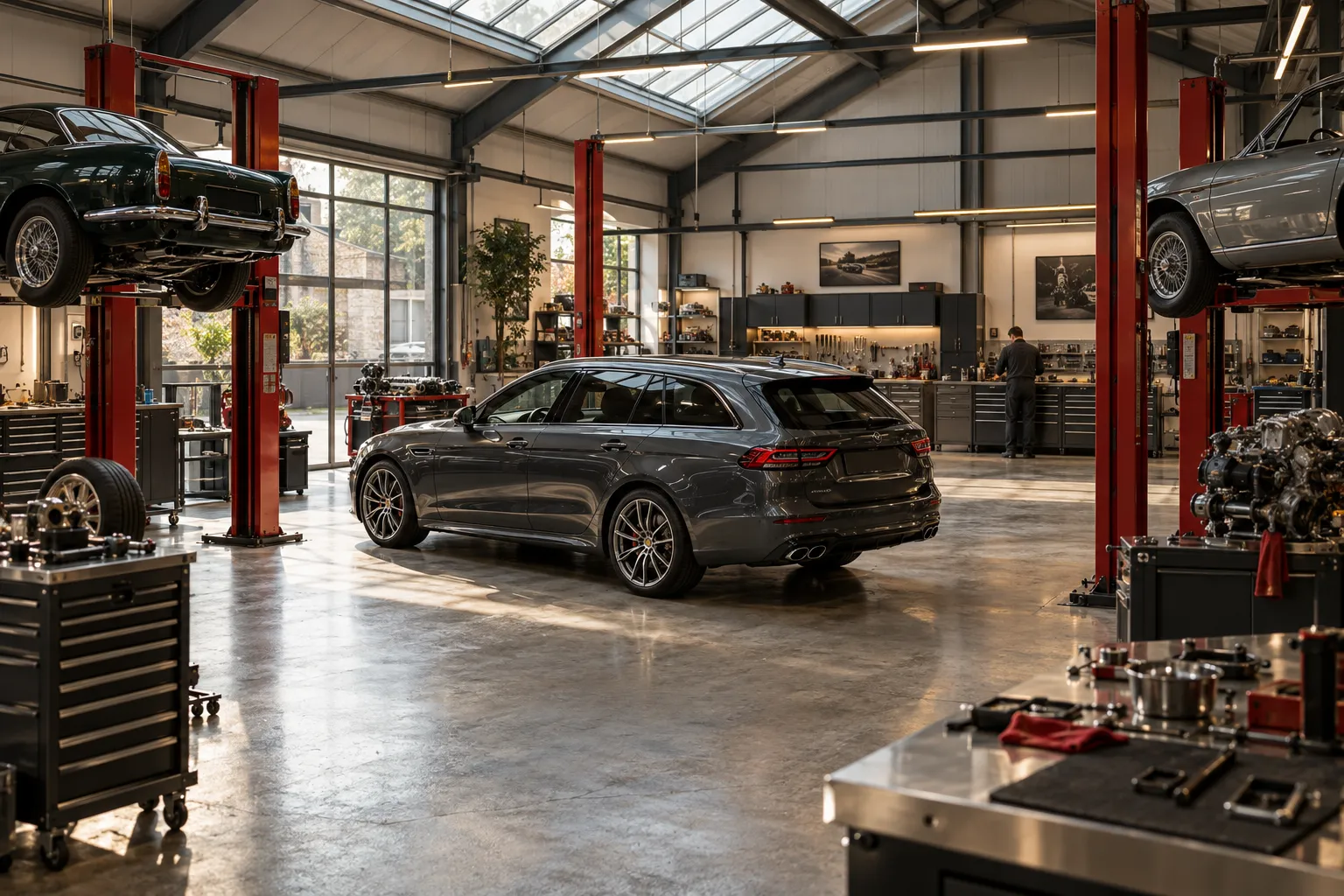 An orderly TORREN workshop with a car between red vehicle lifts